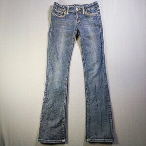 L.A. idol USA jeans flare women's size 3 W28/L34 distressed hard washed blue